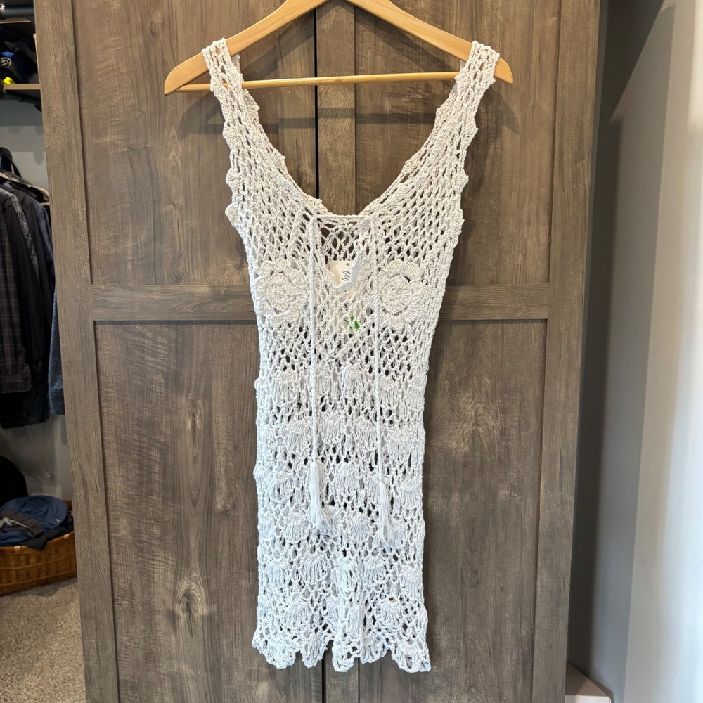 12th Tribe White Crochet Mini Dress Tassel Tie V-Neck Boho Cover Up NWT
